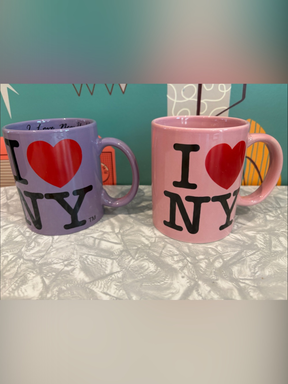 Set of 2.  I ♥ NY Ceramic Mug Set in Pink and Lavender